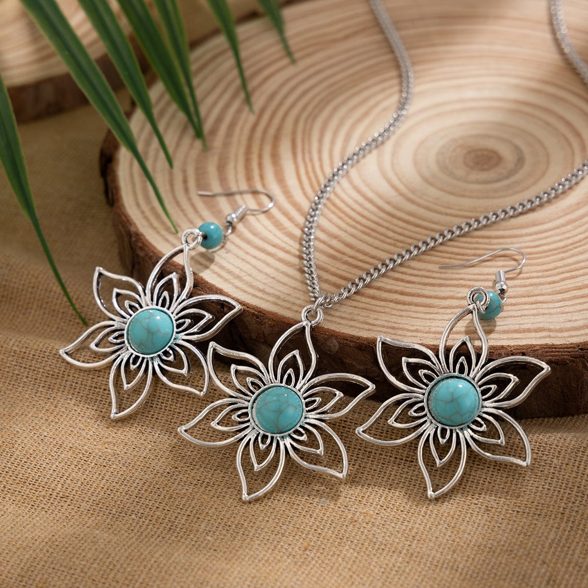 Chic Turquoise Inlaid Hollow Cherry Blossom Necklace Earrings Set