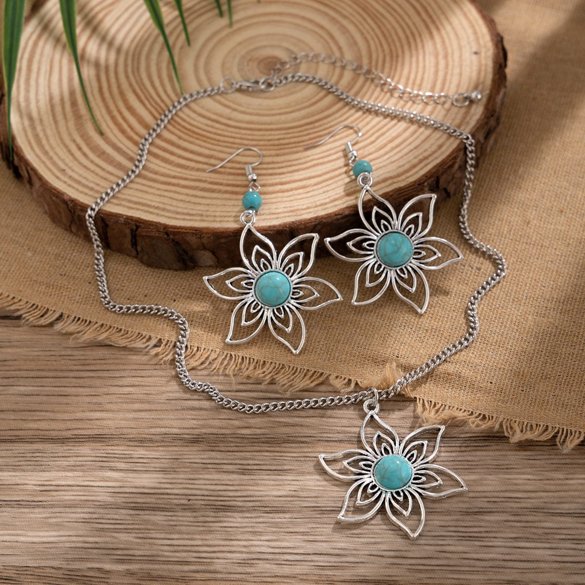 Chic Turquoise Inlaid Hollow Cherry Blossom Necklace Earrings Set