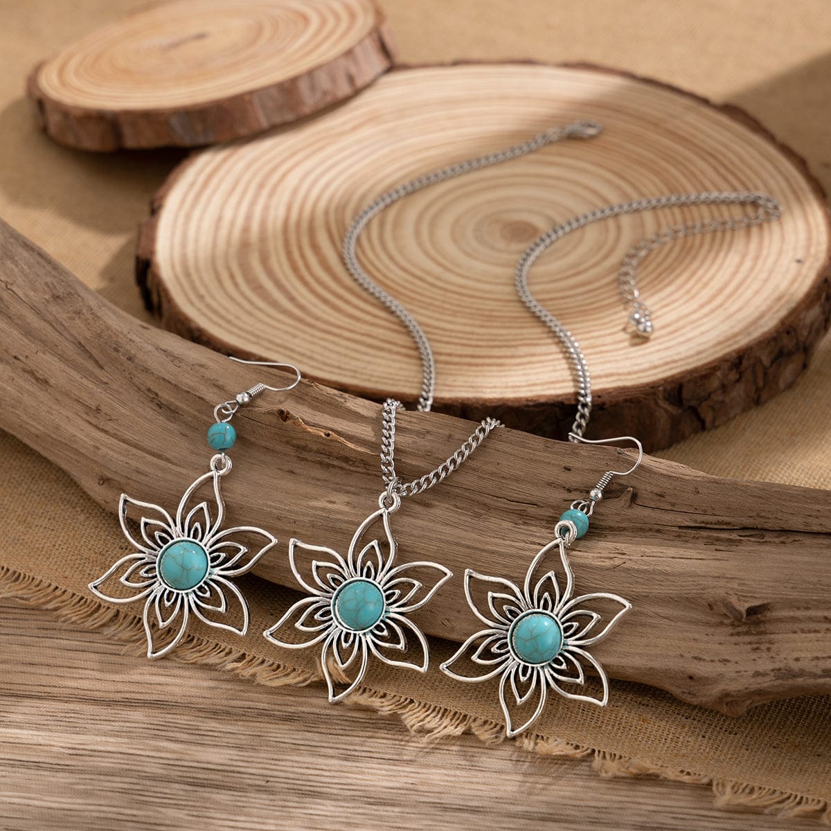 Chic Turquoise Inlaid Hollow Cherry Blossom Necklace Earrings Set