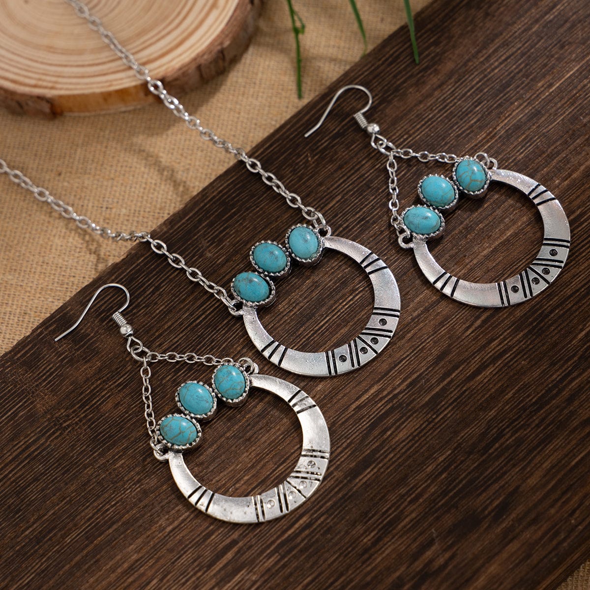 Chic Turquoise Inlaid Hoop Charm Necklace Earrings Set - ArtGalleryZen