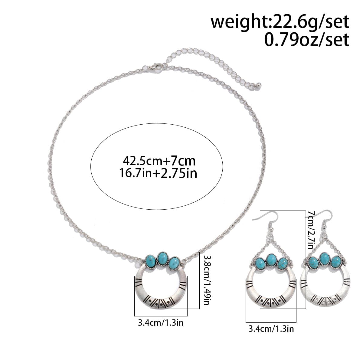 Chic Turquoise Inlaid Hoop Charm Necklace Earrings Set - ArtGalleryZen