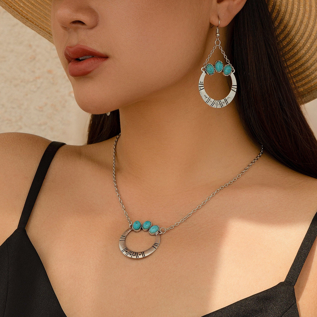 Chic Turquoise Inlaid Hoop Charm Necklace Earrings Set