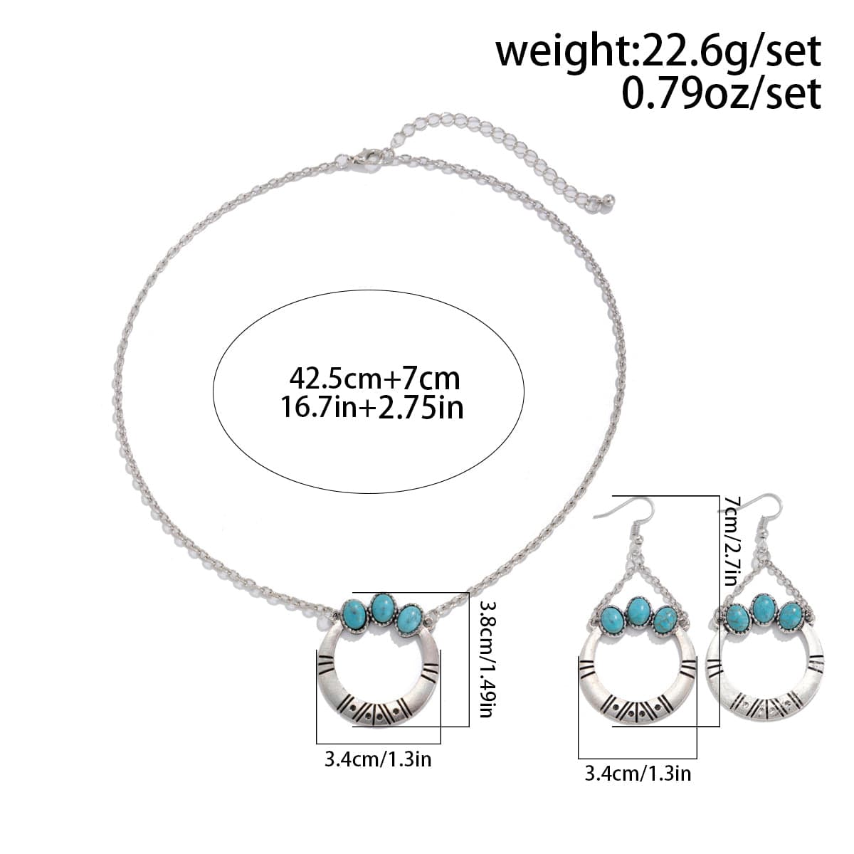 Chic Turquoise Inlaid Hoop Charm Necklace Earrings Set