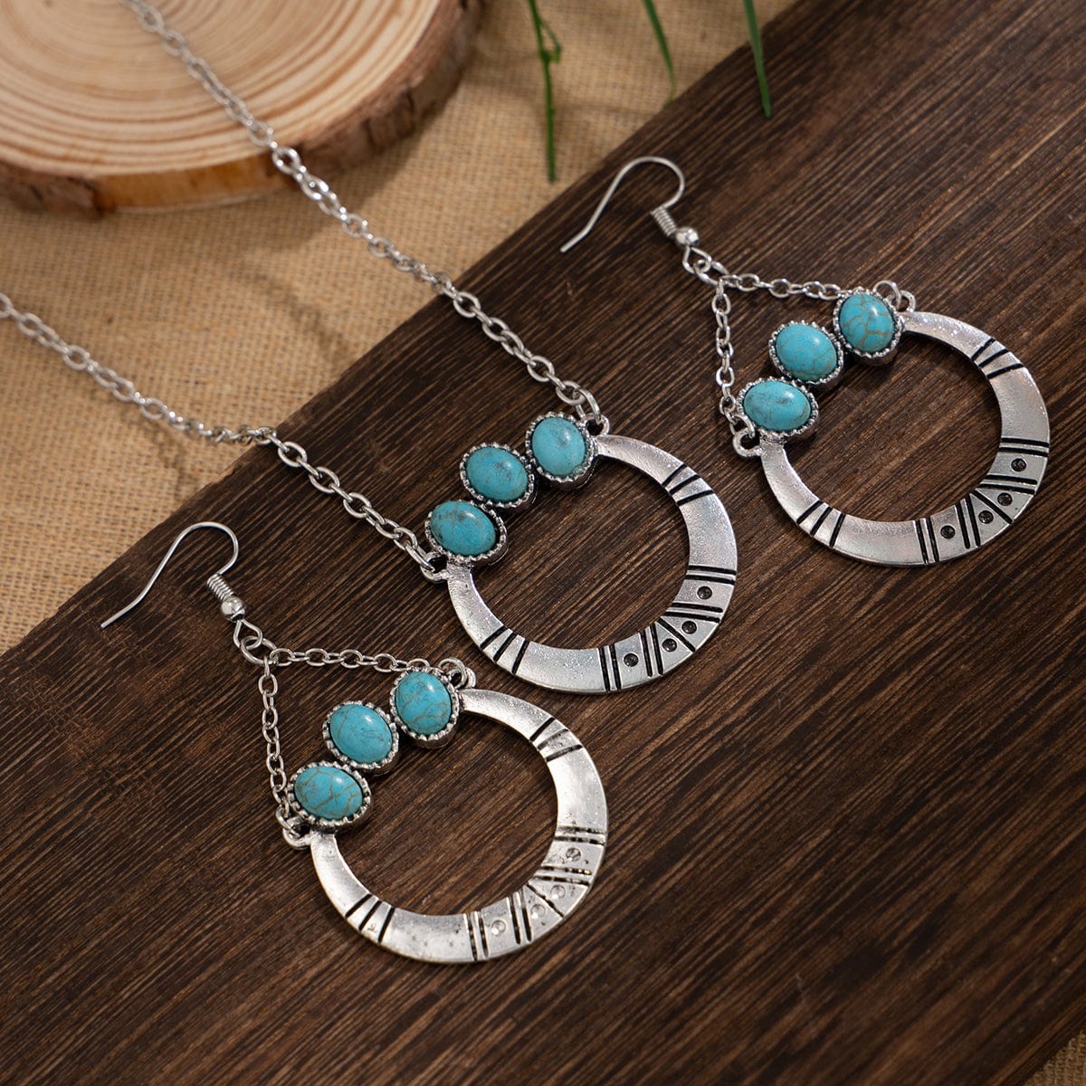 Chic Turquoise Inlaid Hoop Charm Necklace Earrings Set