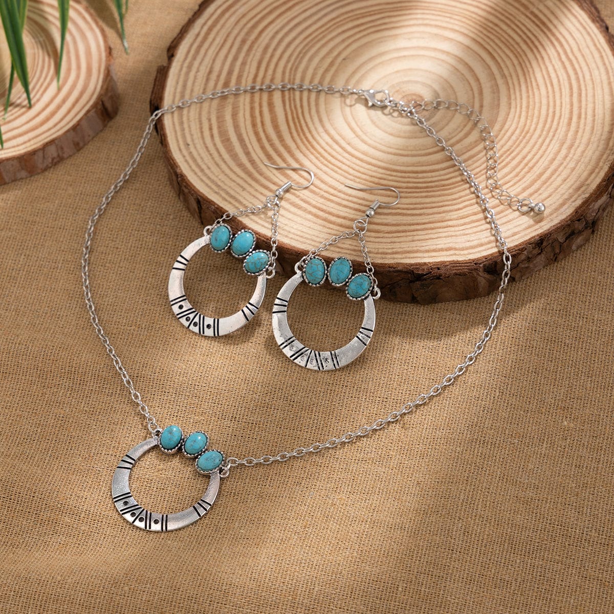 Chic Turquoise Inlaid Hoop Charm Necklace Earrings Set