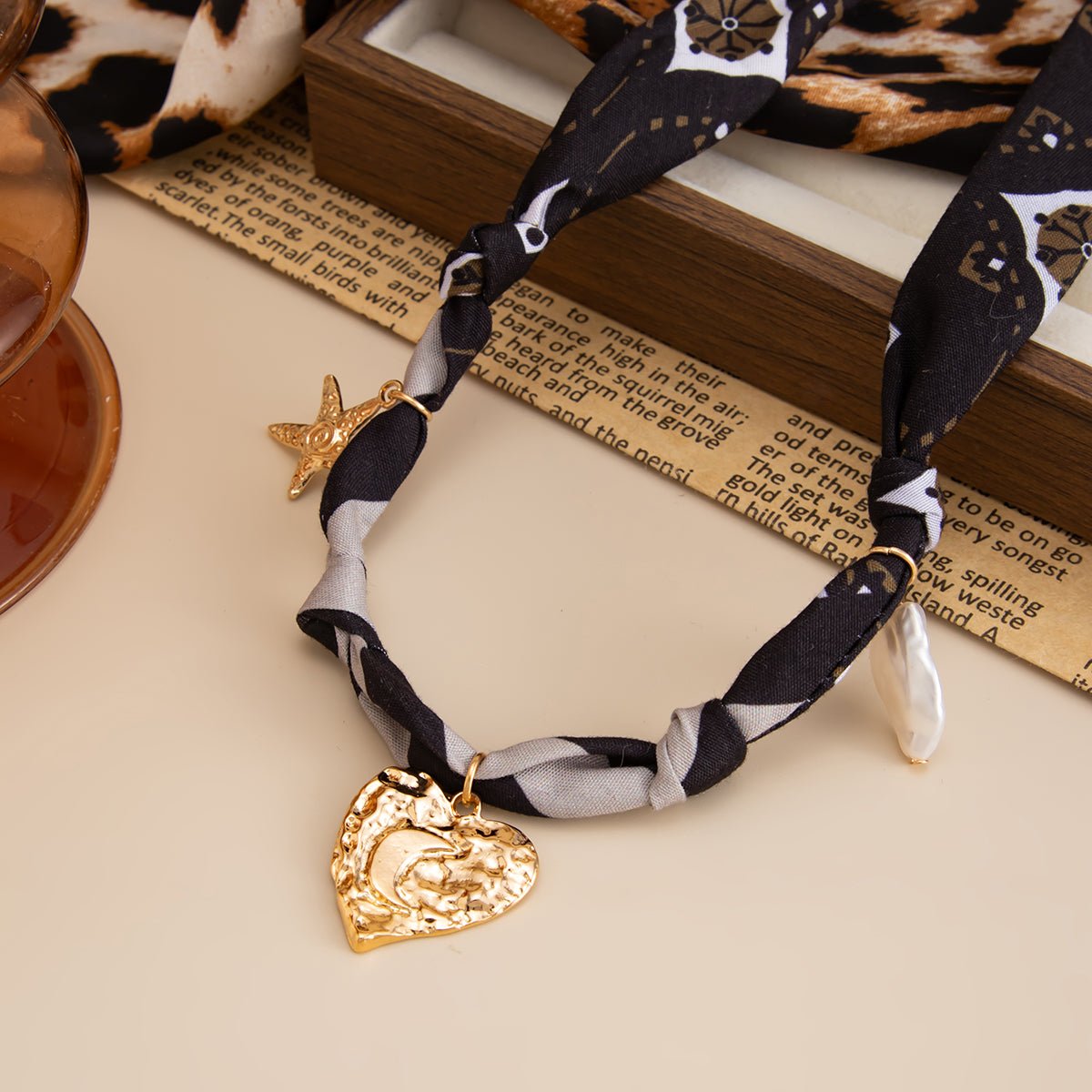 Chiffon Ribbon Choker Necklace Heart Starfish Pearl Charm Pendant - ArtGalleryZen