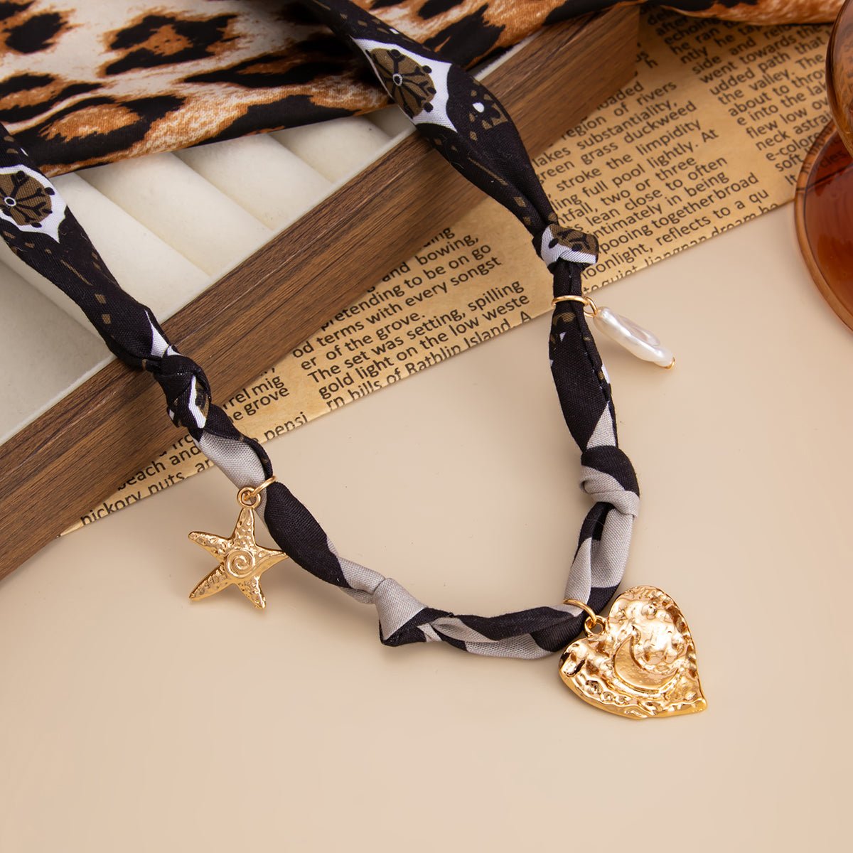 Chiffon Ribbon Choker Necklace Heart Starfish Pearl Charm Pendant - ArtGalleryZen