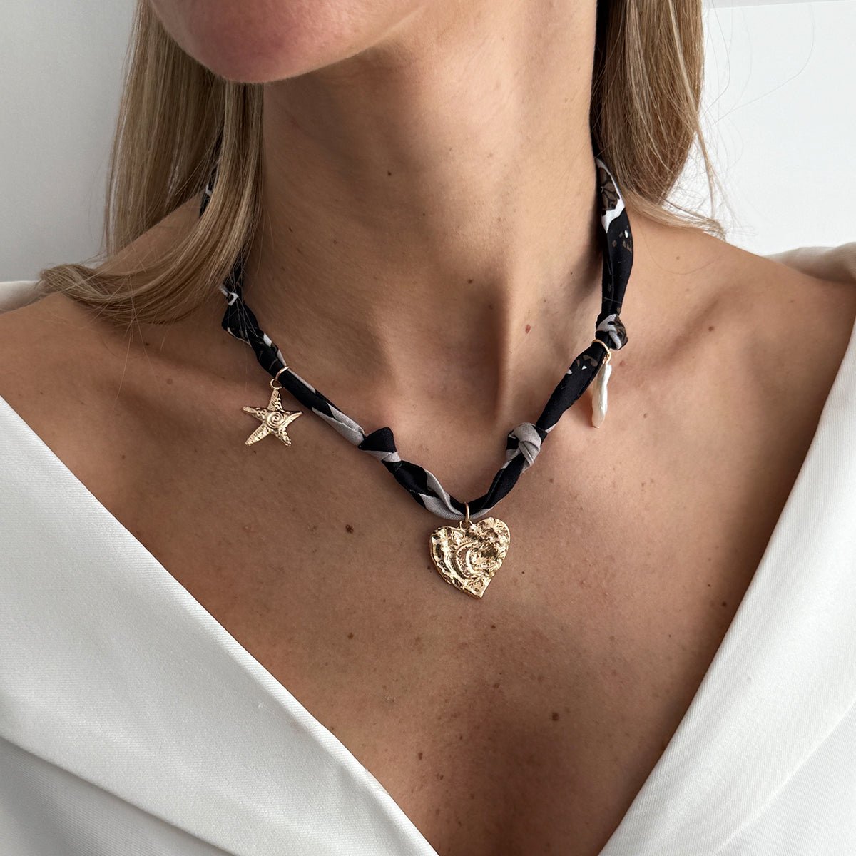 Chiffon Ribbon Choker Necklace Heart Starfish Pearl Charm Pendant - ArtGalleryZen