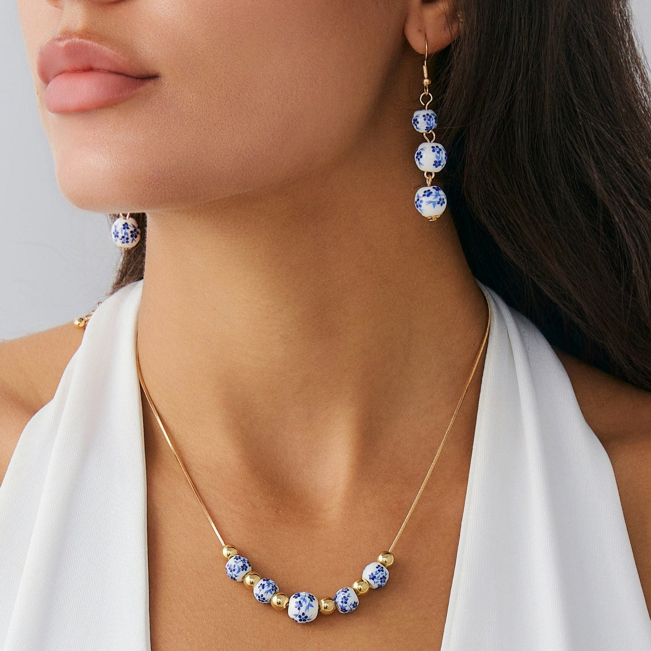 Chinese Style Blue And White Porcelain Beaded Necklace Earrings Set - ArtGalleryZen