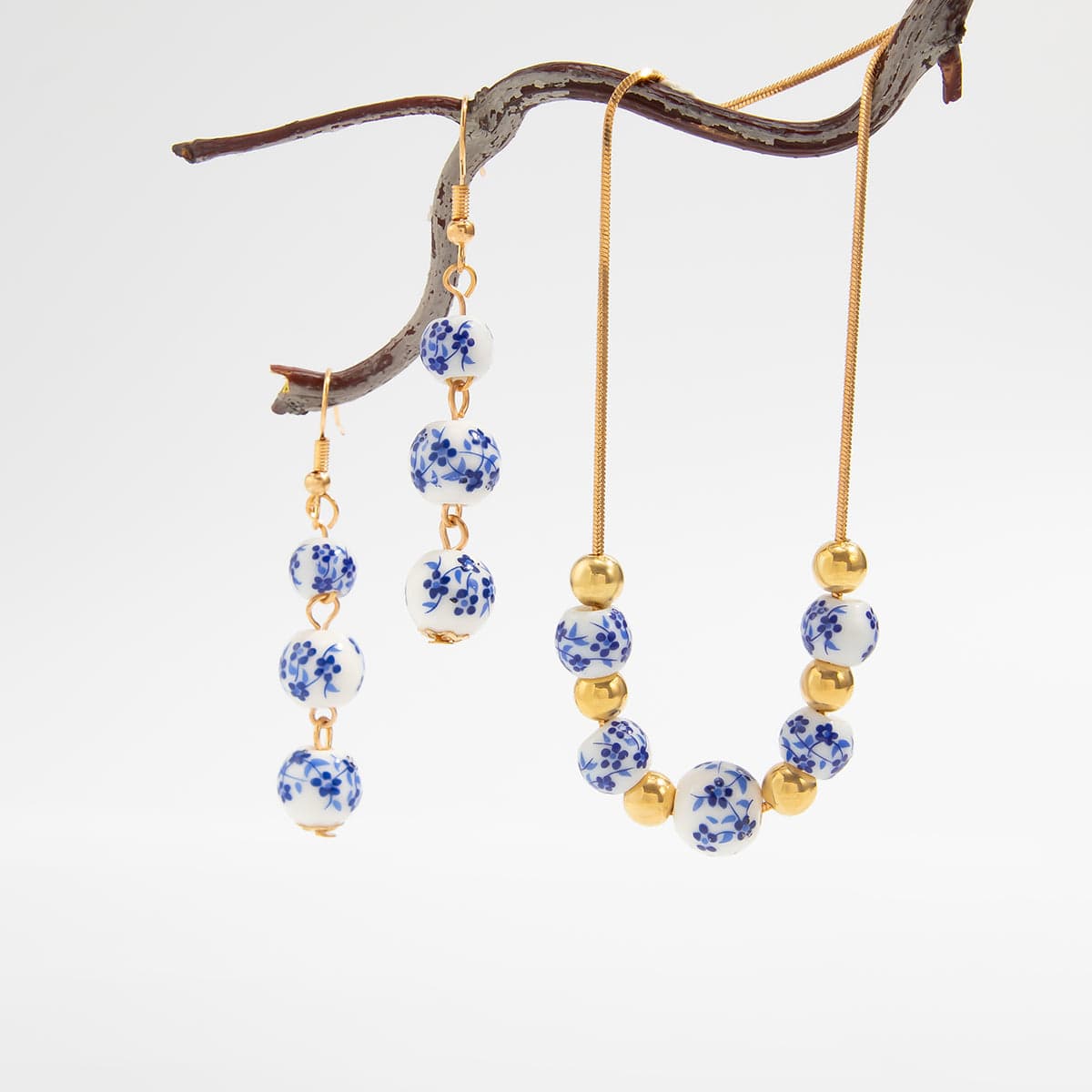 Chinese Style Blue And White Porcelain Beaded Necklace Earrings Set - ArtGalleryZen