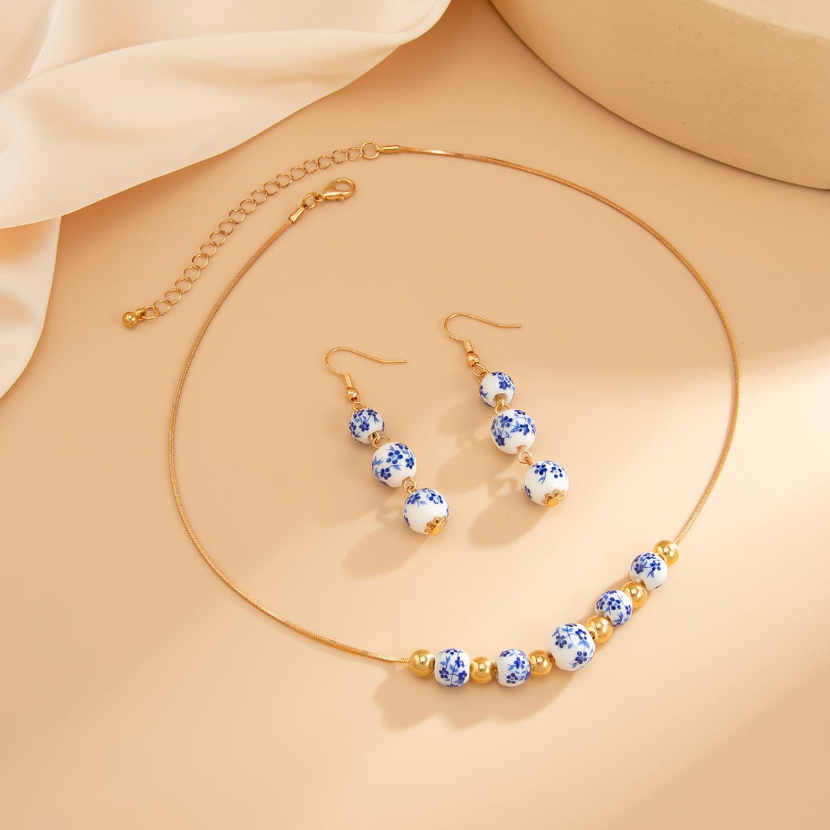 Chinese Style Blue And White Porcelain Beaded Necklace Earrings Set - ArtGalleryZen