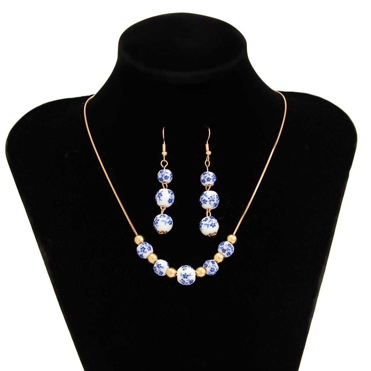 Chinese Style Blue And White Porcelain Beaded Necklace Earrings Set - ArtGalleryZen