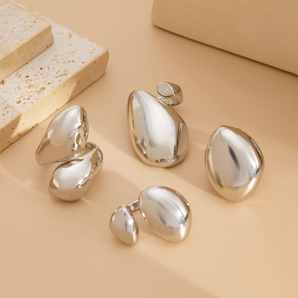 Chunky 4pcs Gold Silver Plated Glossy Waterdrop Ring Set - ArtGalleryZen