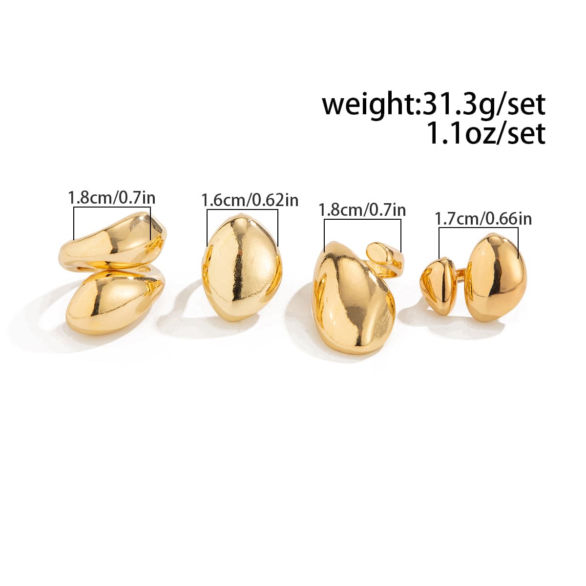 Chunky 4pcs Gold Silver Plated Glossy Waterdrop Ring Set - ArtGalleryZen
