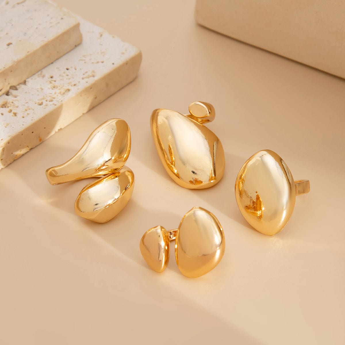 Chunky 4pcs Gold Silver Plated Glossy Waterdrop Ring Set - ArtGalleryZen