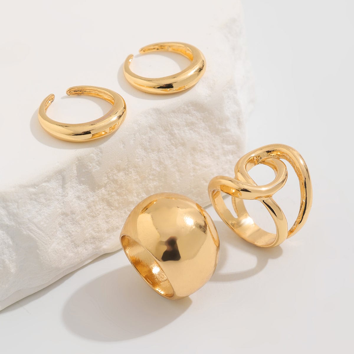 Chunky 4pcs Gold Silver Tone Irregular Curved Ring Set - ArtGalleryZen