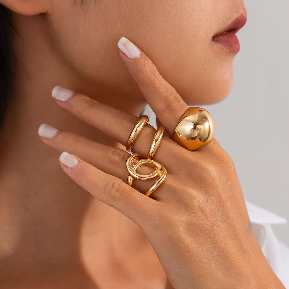 Chunky 4pcs Gold Silver Tone Irregular Curved Ring Set - ArtGalleryZen