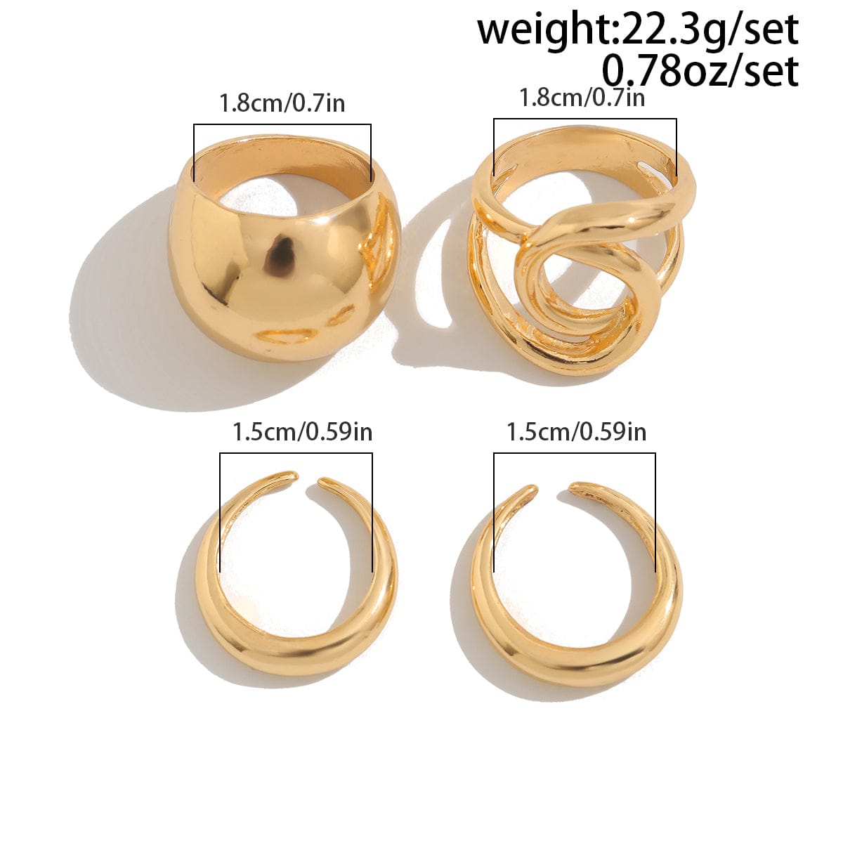 Chunky 4pcs Gold Silver Tone Irregular Curved Ring Set - ArtGalleryZen