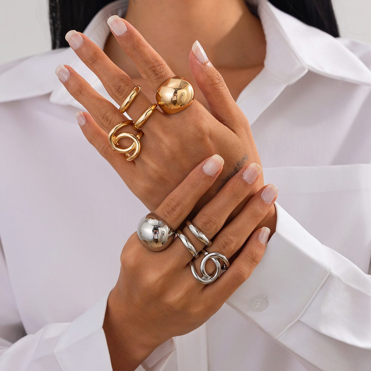 Chunky 4pcs Gold Silver Tone Irregular Curved Ring Set