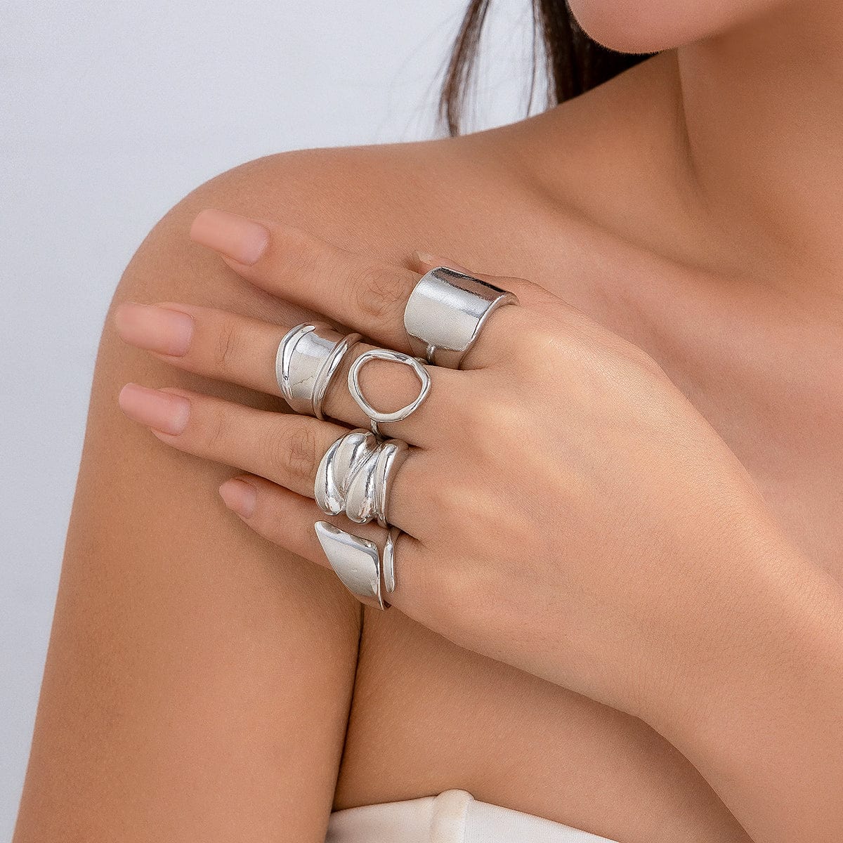 Chunky 4Pcs Hollow Oval Glossy Stackable Ring Set