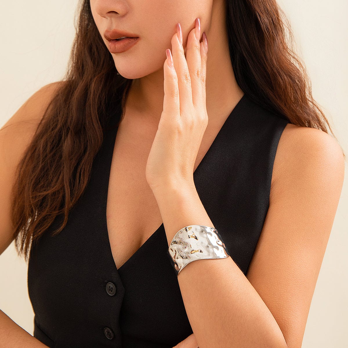 Chunky Geometric Hammered Wide Cuff Bangle Bracelet - ArtGalleryZen