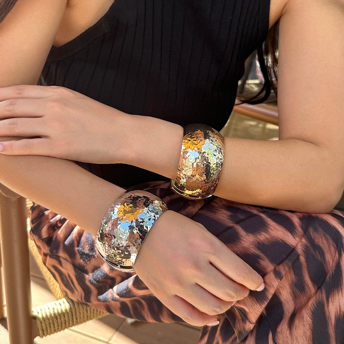 Chunky Gold Silver Tone Hammered Wide Cuff Bangle Bracelet - ArtGalleryZen