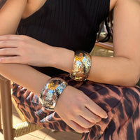 Thumbnail for Chunky Gold Silver Tone Hammered Wide Cuff Bangle Bracelet - ArtGalleryZen