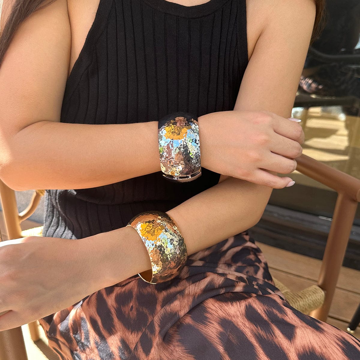 Chunky Gold Silver Tone Hammered Wide Cuff Bangle Bracelet - ArtGalleryZen