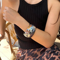 Thumbnail for Chunky Gold Silver Tone Hammered Wide Cuff Bangle Bracelet - ArtGalleryZen