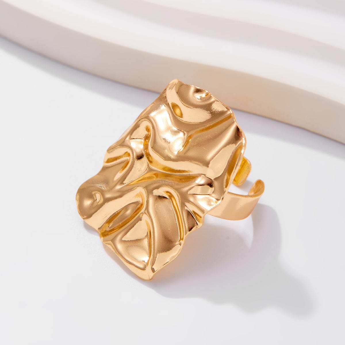 Chunky Gold Silver Tone Pleated Square Ring - ArtGalleryZen