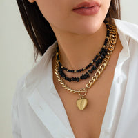 Thumbnail for Chunky Layered 3Pcs Heart Pendant Crystal Beaded Curb Chain Necklace Set