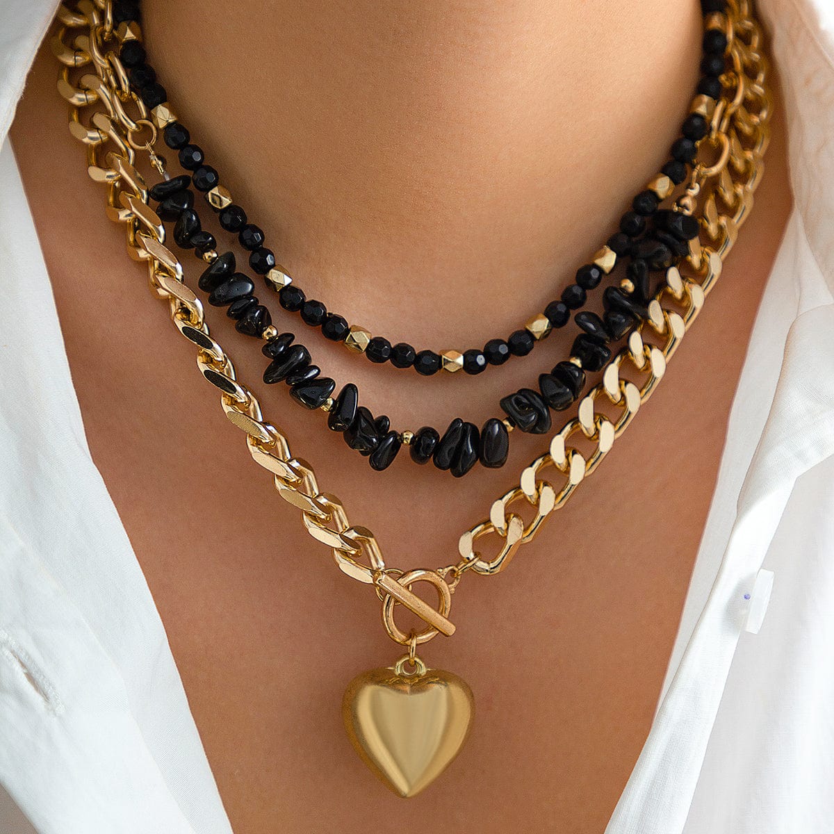 Chunky Layered 3Pcs Heart Pendant Crystal Beaded Curb Chain Necklace Set