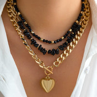 Thumbnail for Chunky Layered 3Pcs Heart Pendant Crystal Beaded Curb Chain Necklace Set