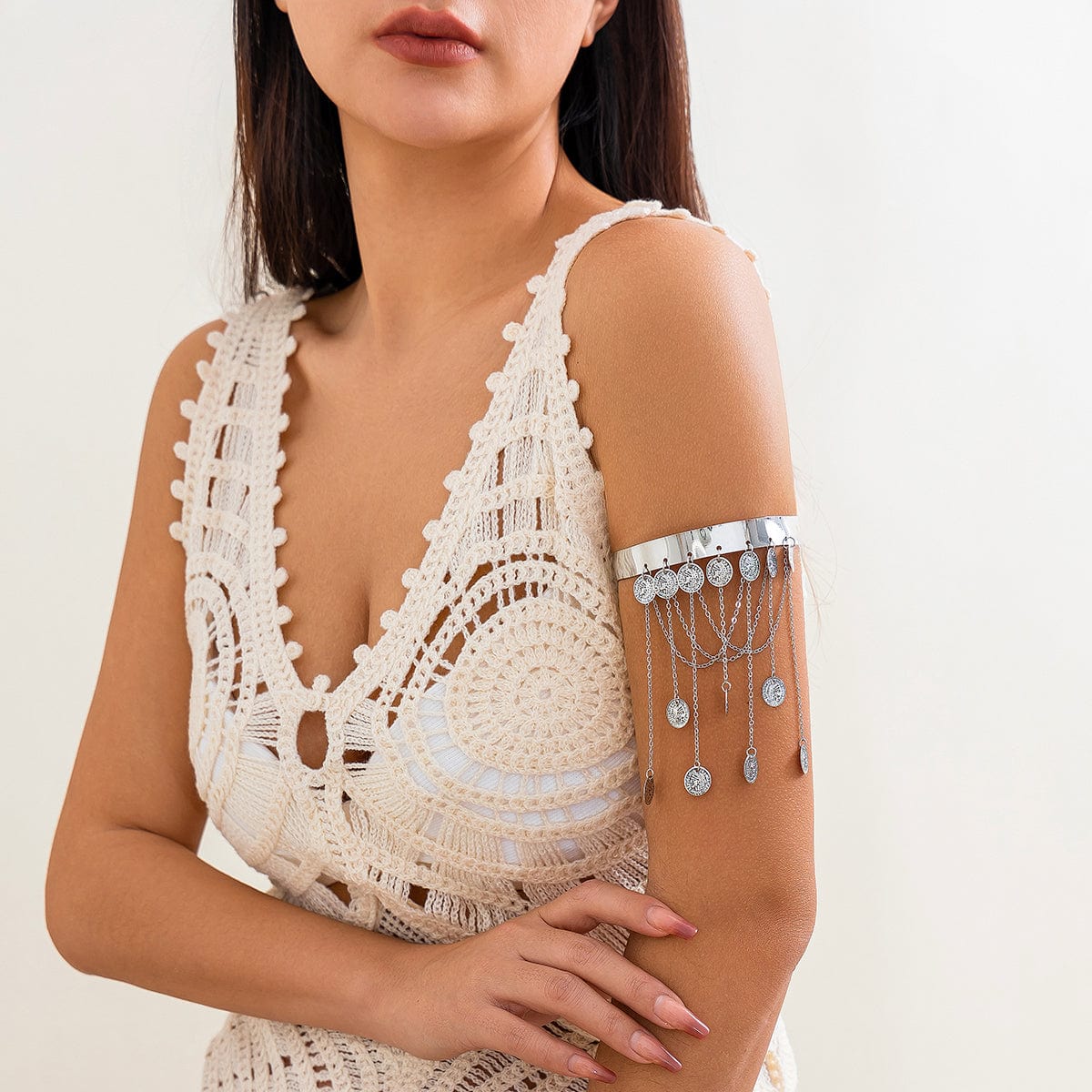 Chunky Layered Coin Tassel Arm Cuff