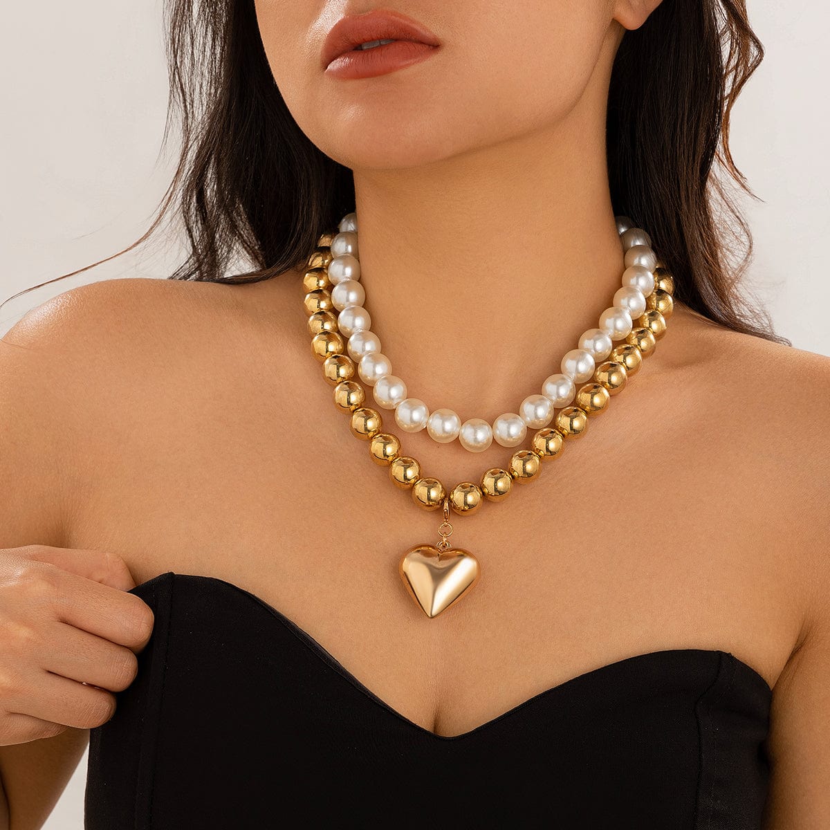 Chunky Layered Heart Pendant Pearl Chain Necklace Set