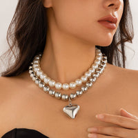 Thumbnail for Chunky Layered Heart Pendant Pearl Chain Necklace Set