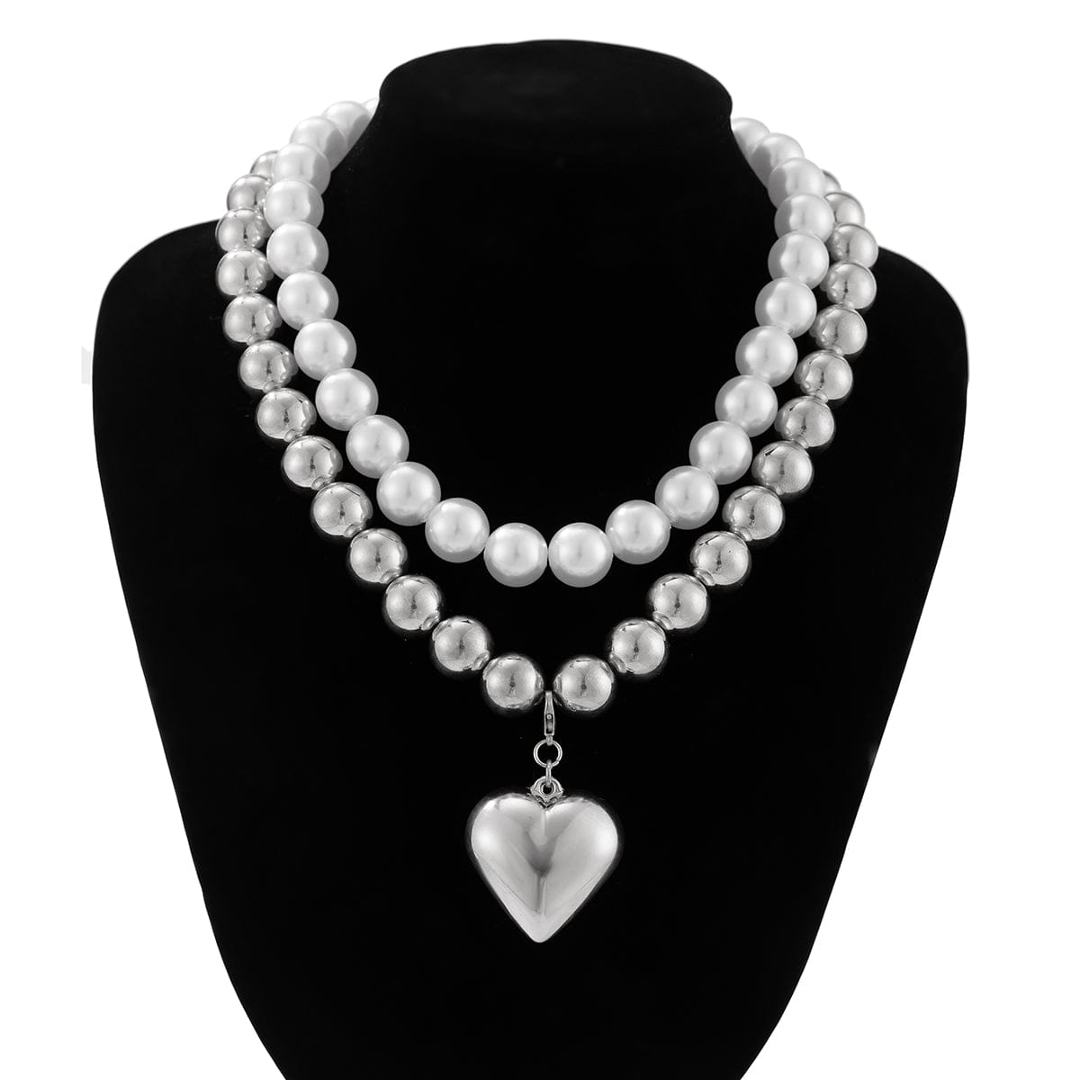 Chunky Layered Heart Pendant Pearl Chain Necklace Set