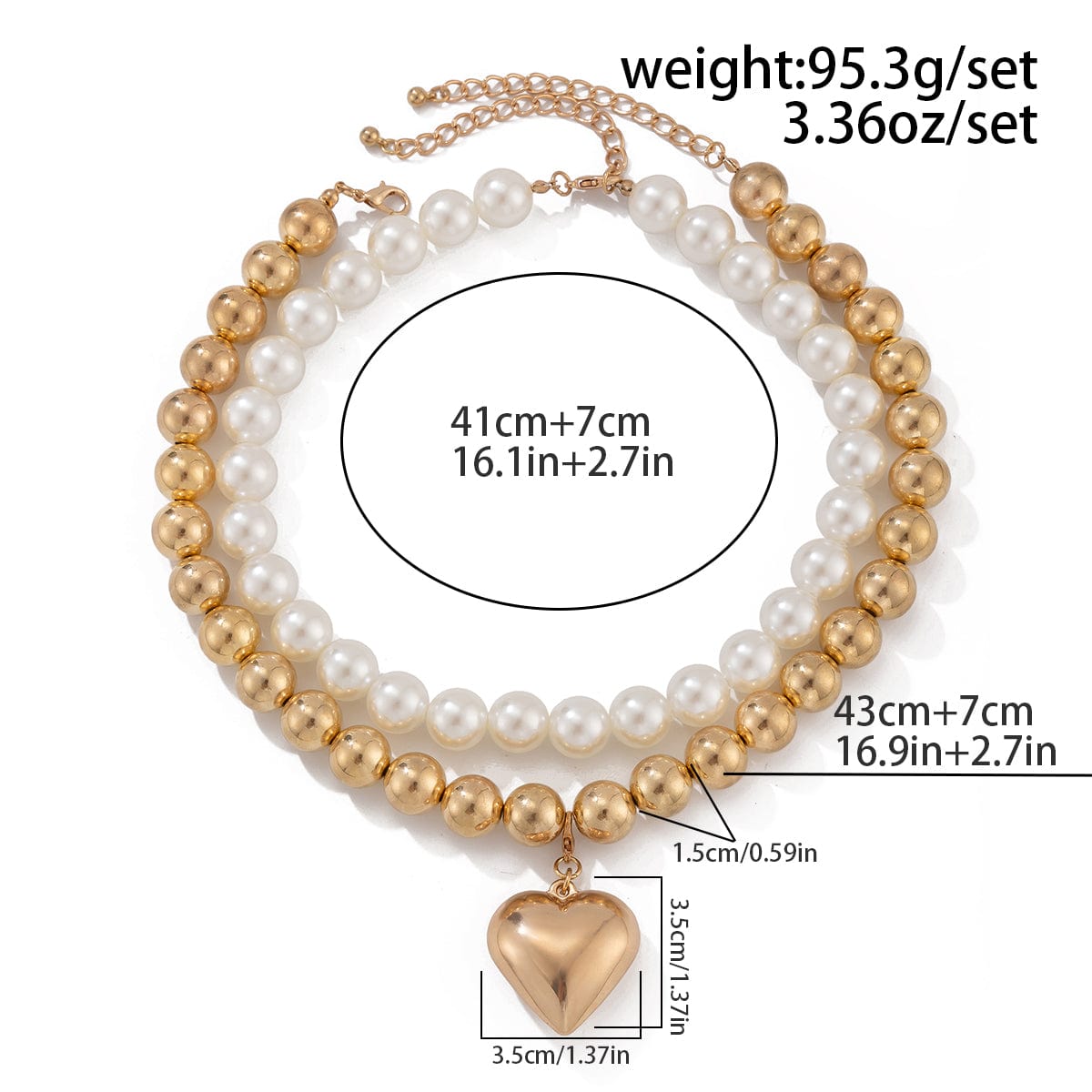 Chunky Layered Heart Pendant Pearl Chain Necklace Set