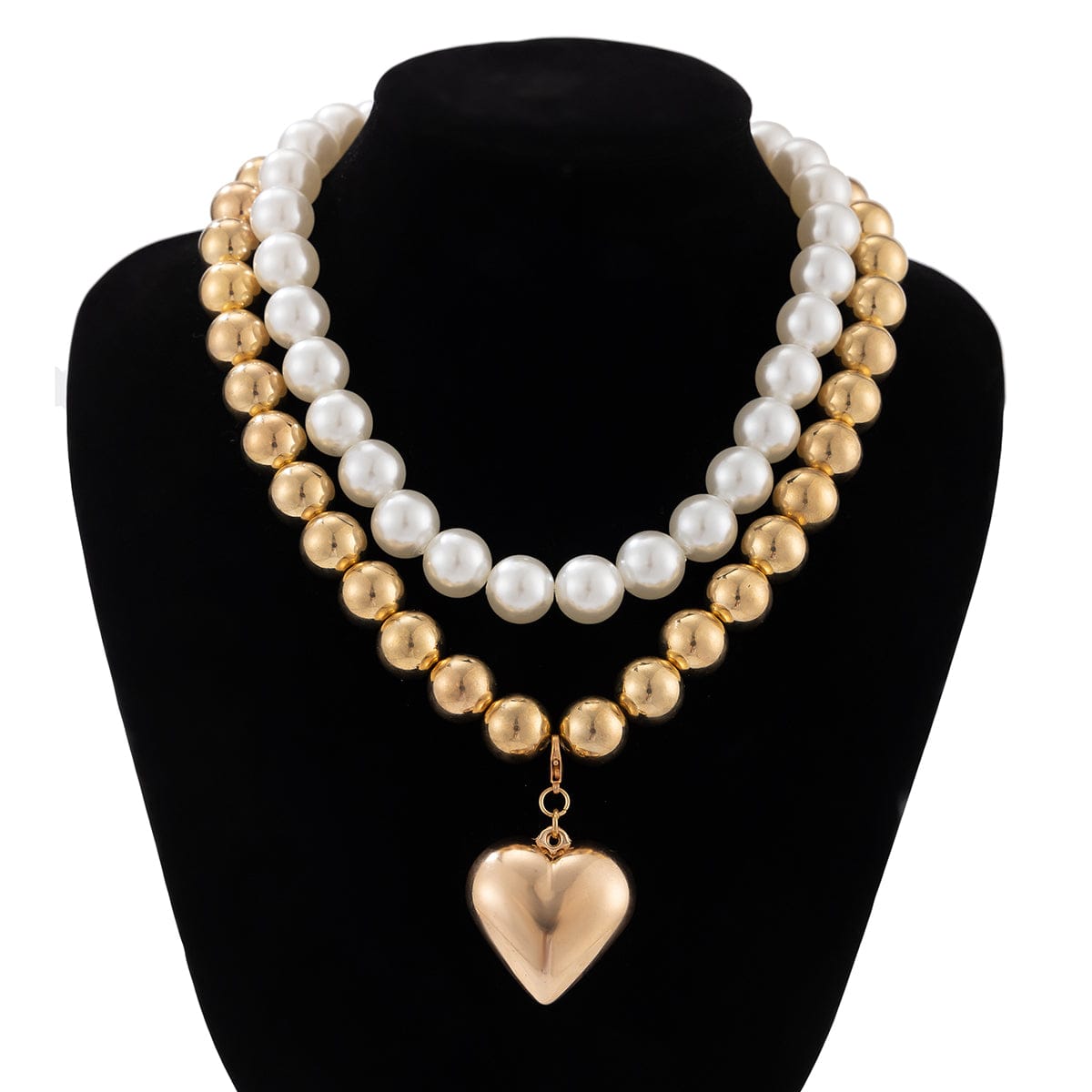 Chunky Layered Heart Pendant Pearl Chain Necklace Set