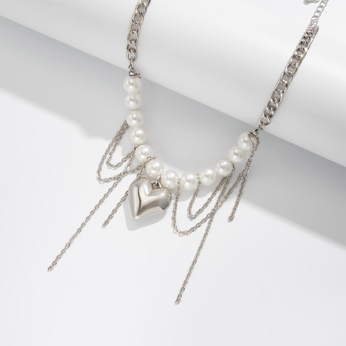 Chunky Layered Heart Pendant Pearl Curb Chain Necklace - ArtGalleryZen