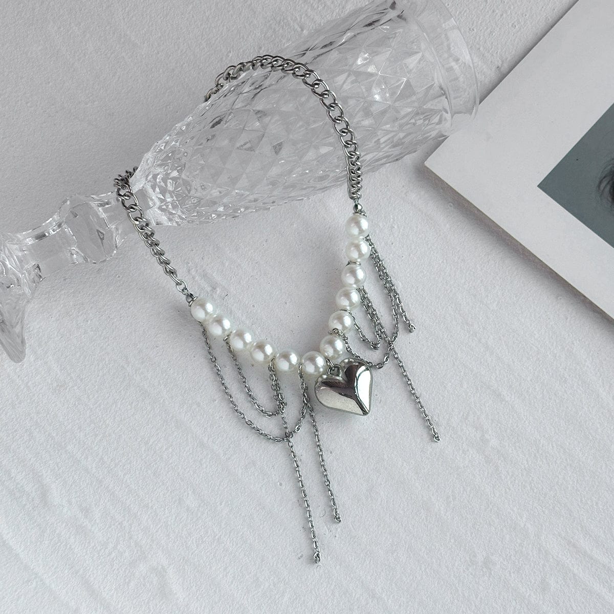 Chunky Layered Heart Pendant Pearl Curb Chain Necklace - ArtGalleryZen