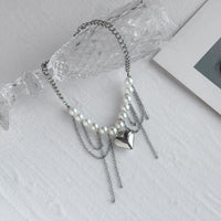 Thumbnail for Chunky Layered Heart Pendant Pearl Curb Chain Necklace - ArtGalleryZen