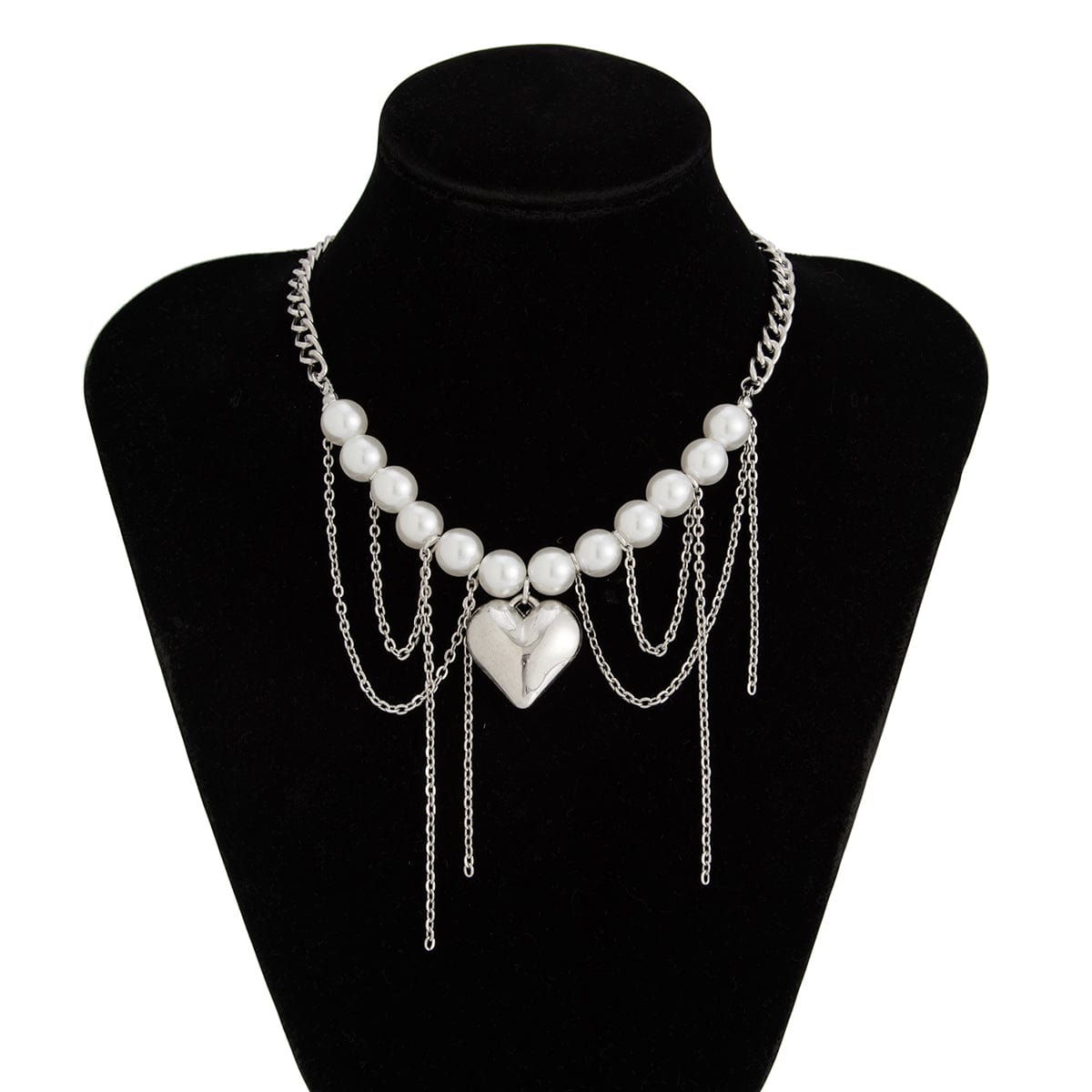 Chunky Layered Heart Pendant Pearl Curb Chain Necklace - ArtGalleryZen