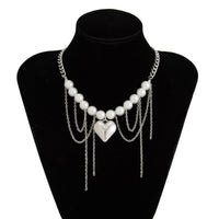 Thumbnail for Chunky Layered Heart Pendant Pearl Curb Chain Necklace - ArtGalleryZen