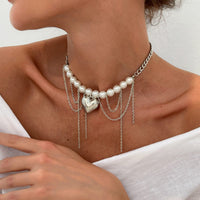 Thumbnail for Chunky Layered Heart Pendant Pearl Curb Chain Necklace - ArtGalleryZen