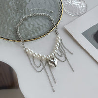 Thumbnail for Chunky Layered Heart Pendant Pearl Curb Chain Necklace - ArtGalleryZen