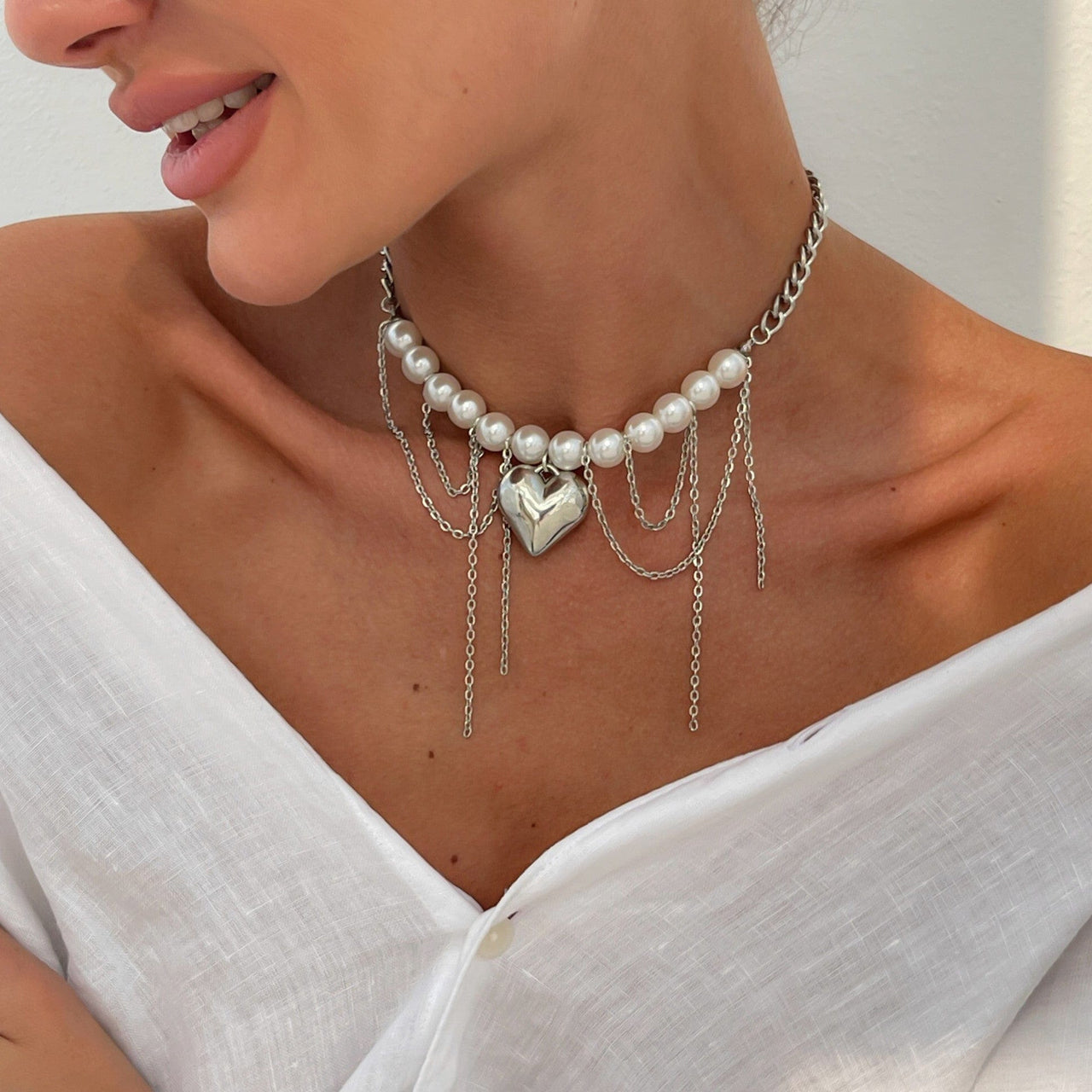 Chunky Layered Heart Pendant Pearl Curb Chain Necklace - ArtGalleryZen