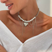 Thumbnail for Chunky Layered Heart Pendant Pearl Curb Chain Necklace - ArtGalleryZen