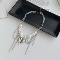 Thumbnail for Chunky Layered Heart Pendant Pearl Curb Chain Necklace - ArtGalleryZen