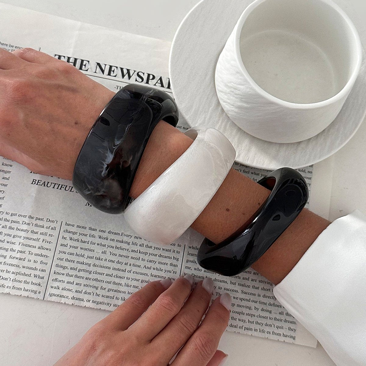 Chunky White Resin Bangle Bracelet - Modern Curved Design Statement - ArtGalleryZen